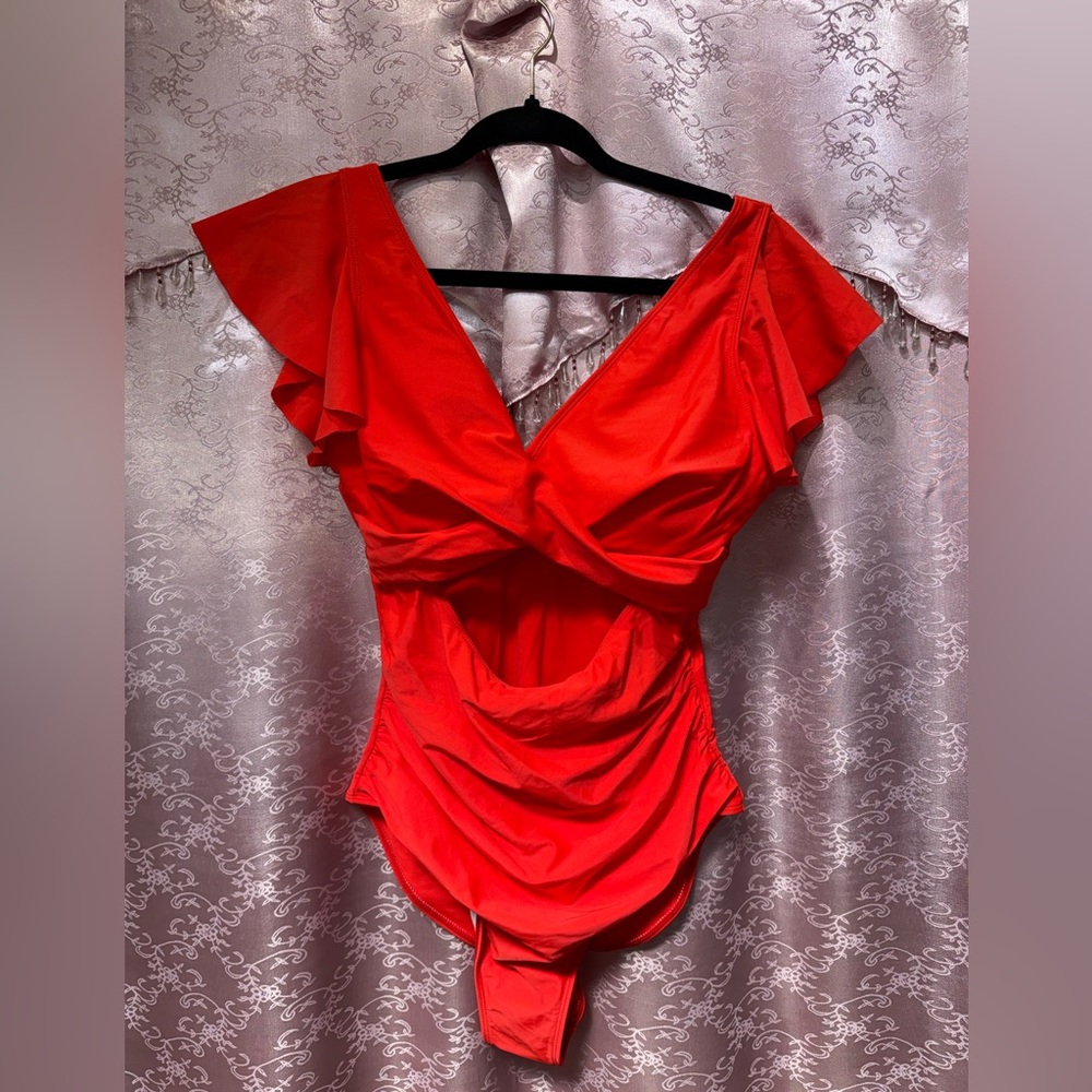 Orange Ruffled V-Neck One-Piece Swimsuit